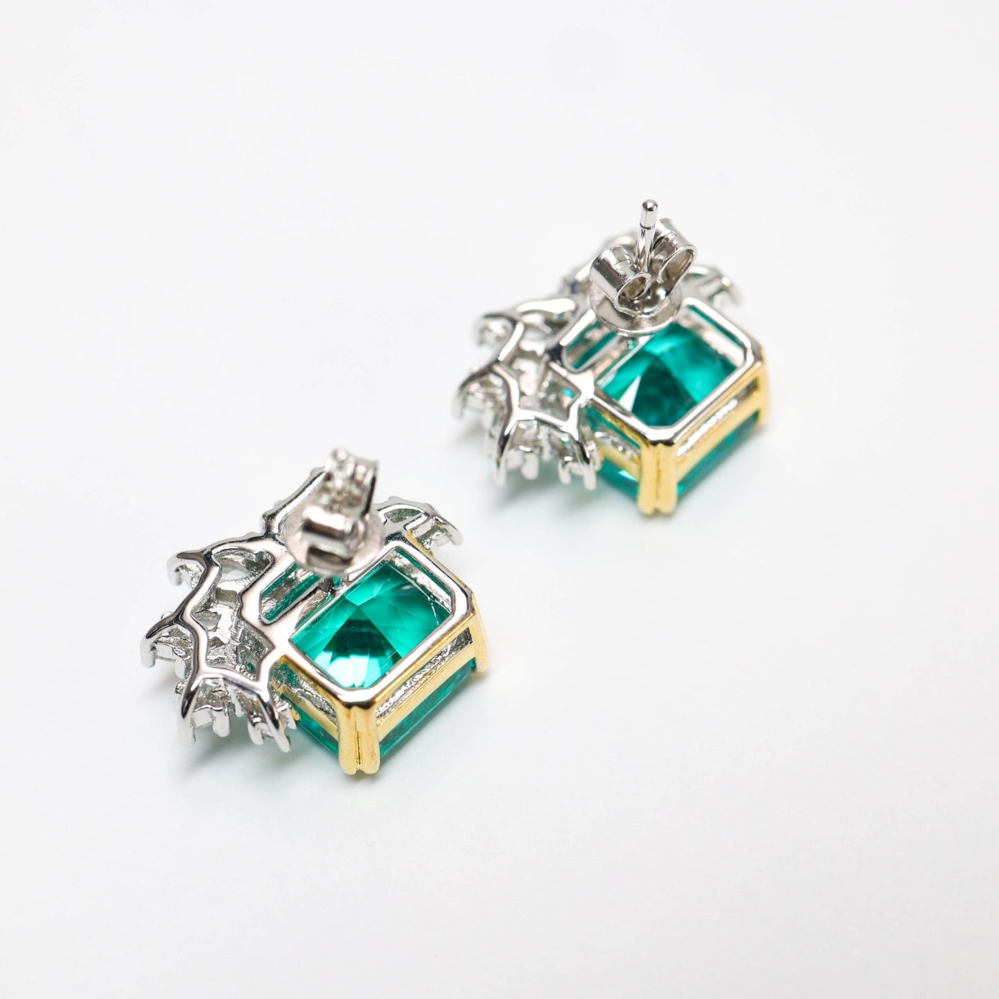 Micro-setting Square apple green color half flower double platting earrings, sterling silver