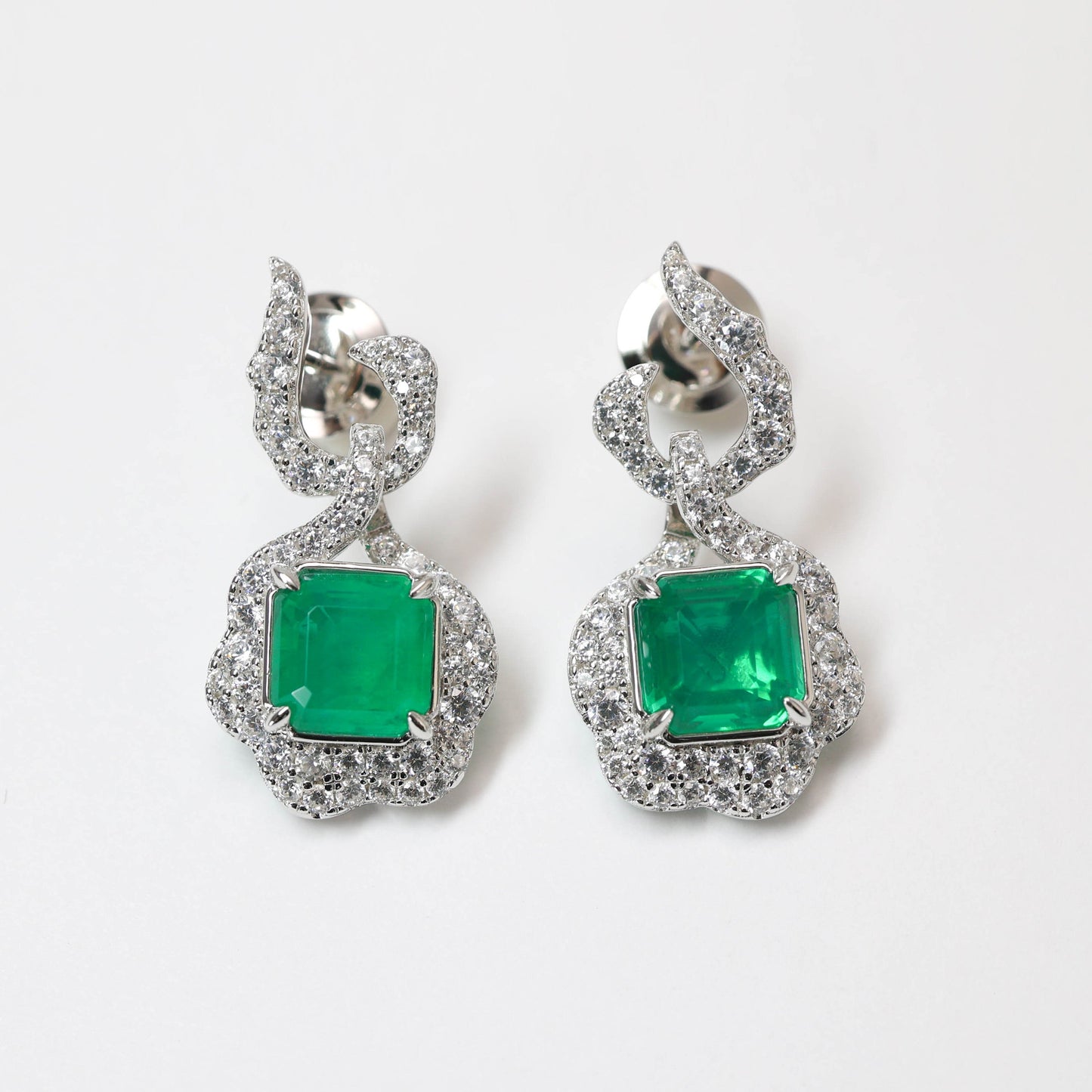 Micro-setting Multi-purpose emerald color Lab created stones square shape earrings and pendant, sterling silver