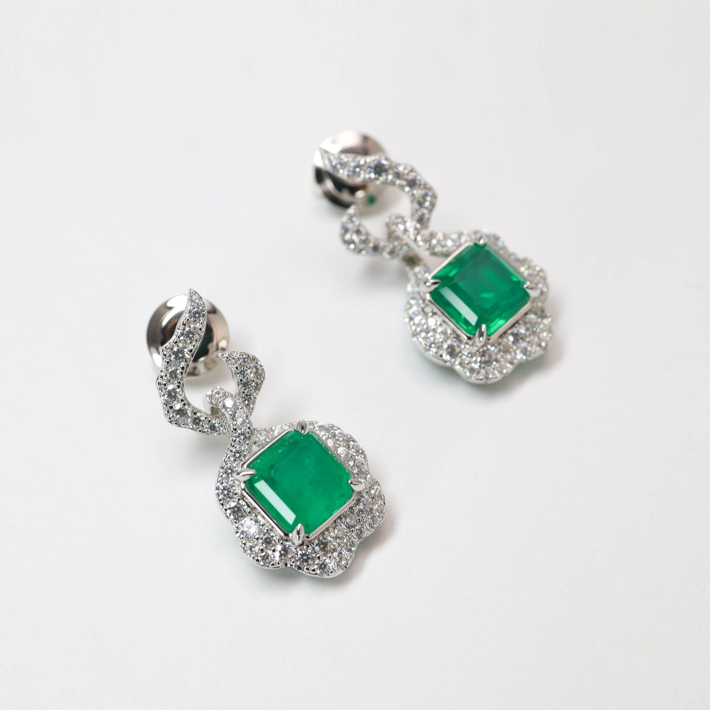 Micro-setting Multi-purpose emerald color Lab created stones square shape earrings and pendant, sterling silver