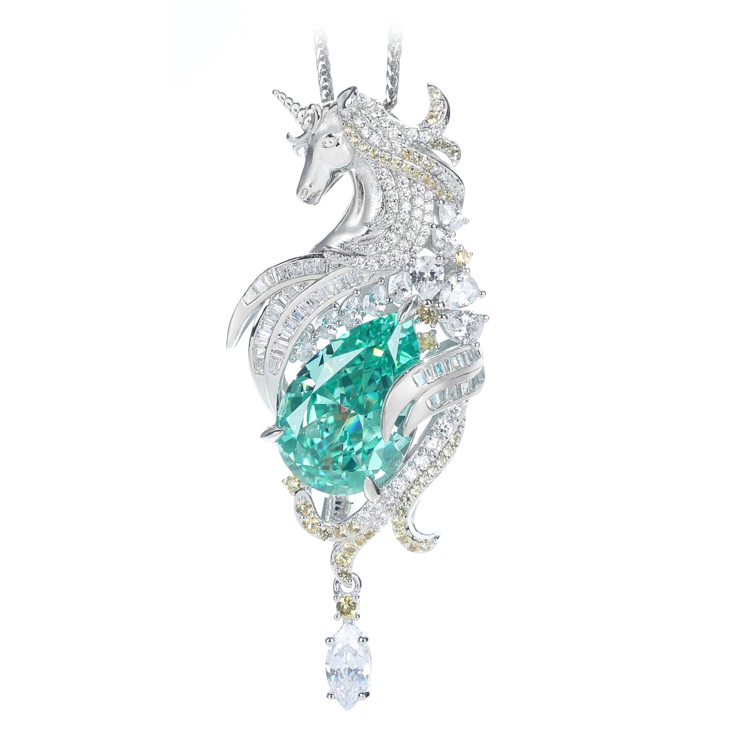 Micro-setting Paraiba color Lab created stones Unicorn pendant，sterling silver