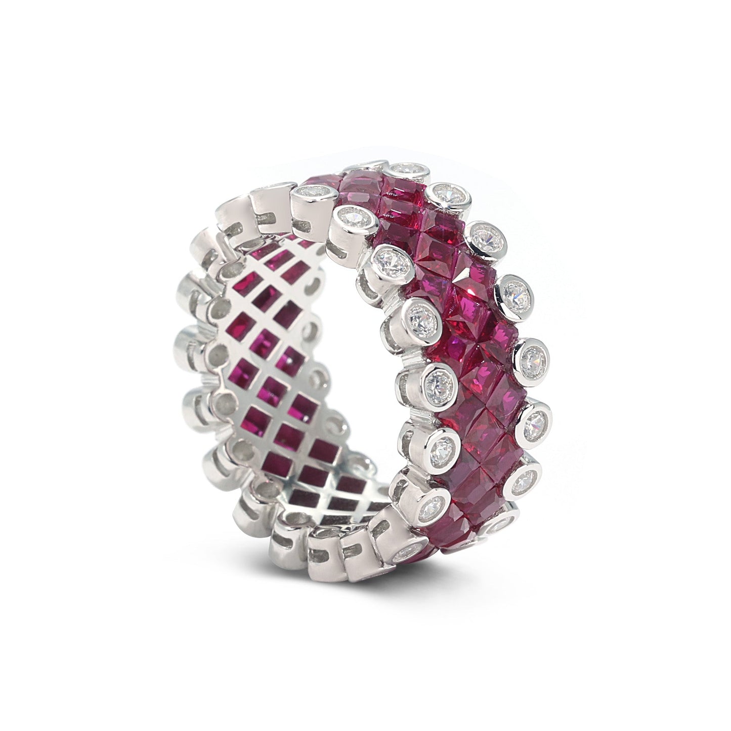 Micro-setting Ruby color invisible-setting Lab created stones Wide band ring, sterling silver