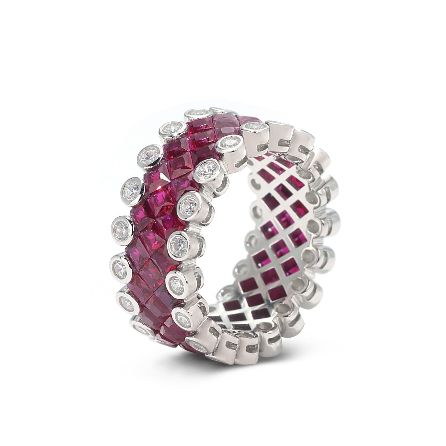 Micro-setting Ruby color invisible-setting Lab created stones Wide band ring, sterling silver