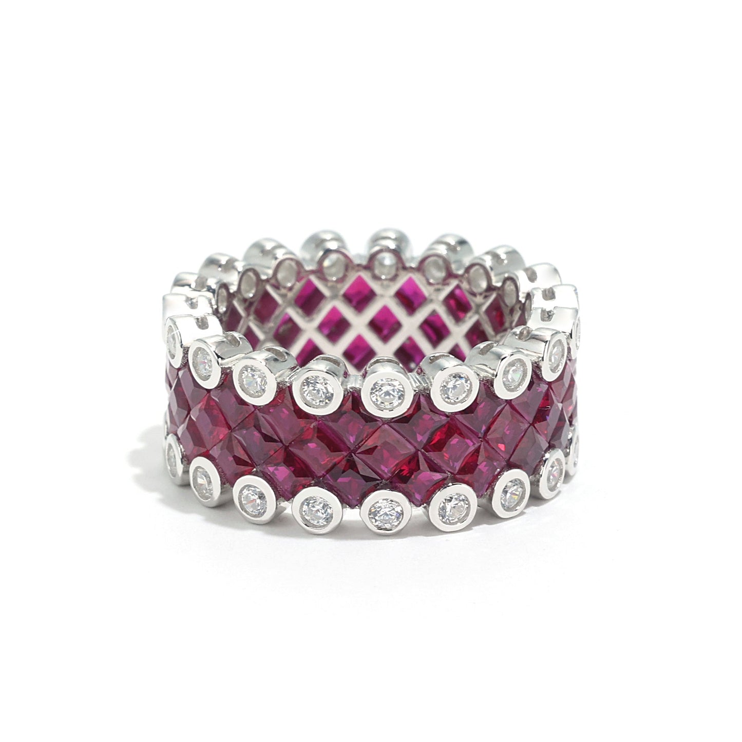 Micro-setting Ruby color invisible-setting Lab created stones Wide band ring, sterling silver