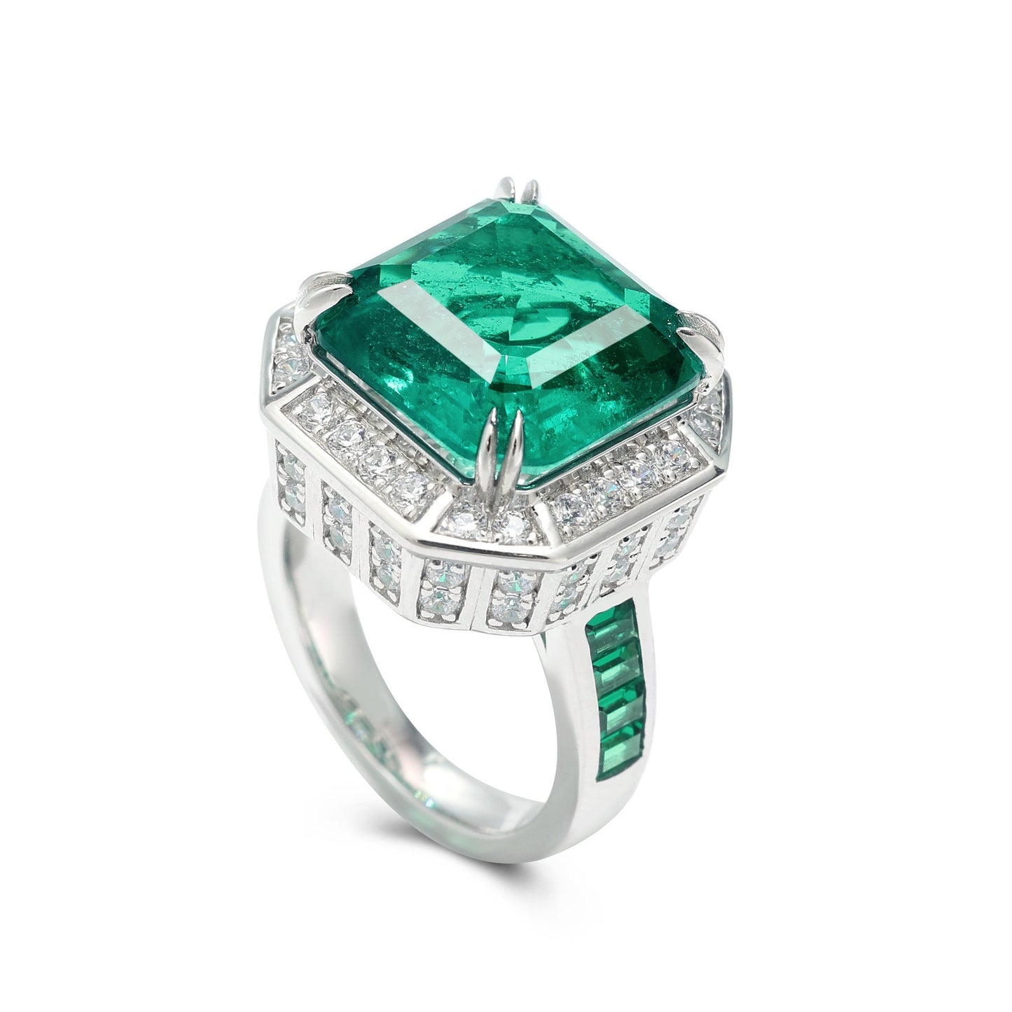 Micro-setting Emerald color lab created stones Forest fantasy ring, sterling silver