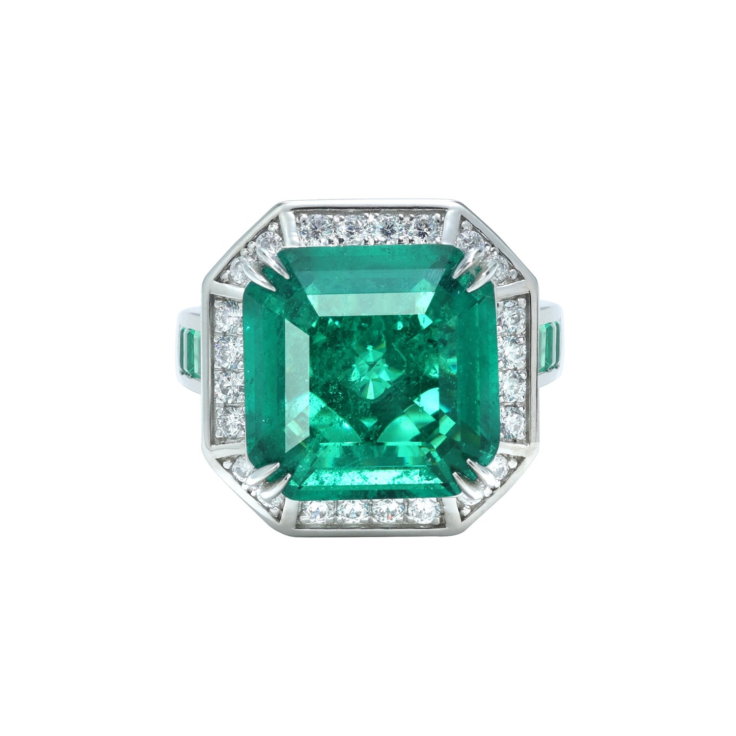 Micro-setting Emerald color lab created stones Forest fantasy ring, sterling silver