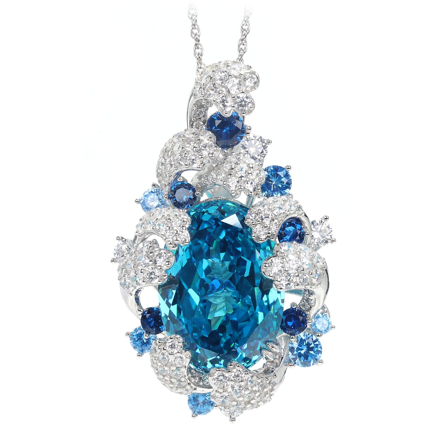 Only 1 Micro-setting Deep Aquamarine color Lab created stones Waves in the Maldives pendant，sterling silver