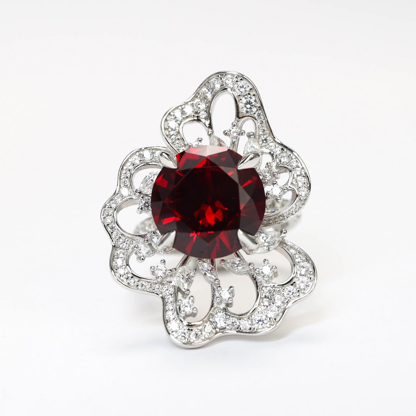 Special offer Micro-setting Ruby color Lab created stones artistic 4 prong flower ring, sterling silver