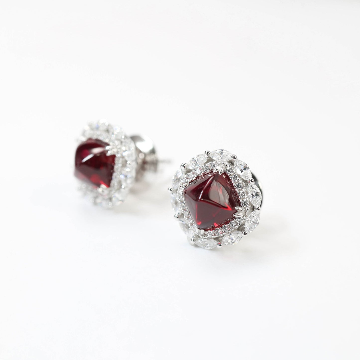 Micro-setting Ruby color horse eye shape sugar tower earrings, sterling silver