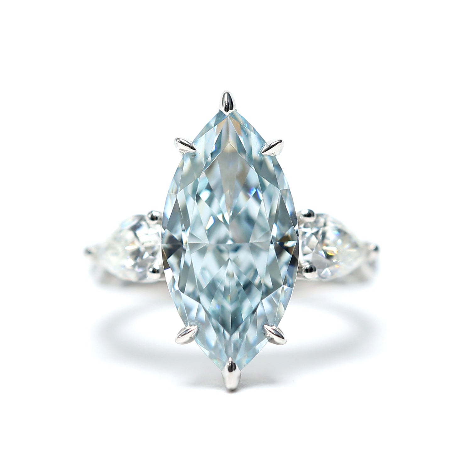 Micro-setting Intense blue diamond color Lab created stones marquise ring, sterling silver