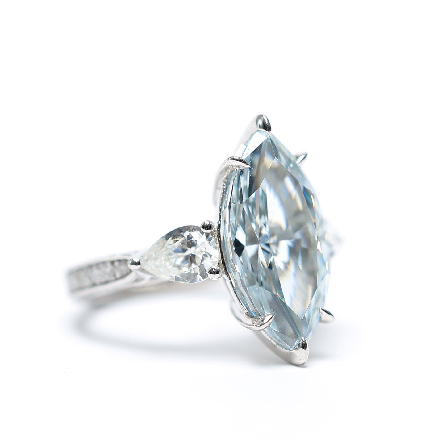 Micro-setting Intense blue diamond color Lab created stones marquise ring, sterling silver