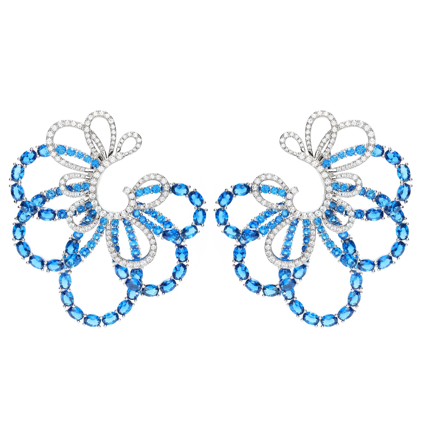 Micro-setting Sapphire color fully studded Lab created stones peacock earrings, sterling silver.