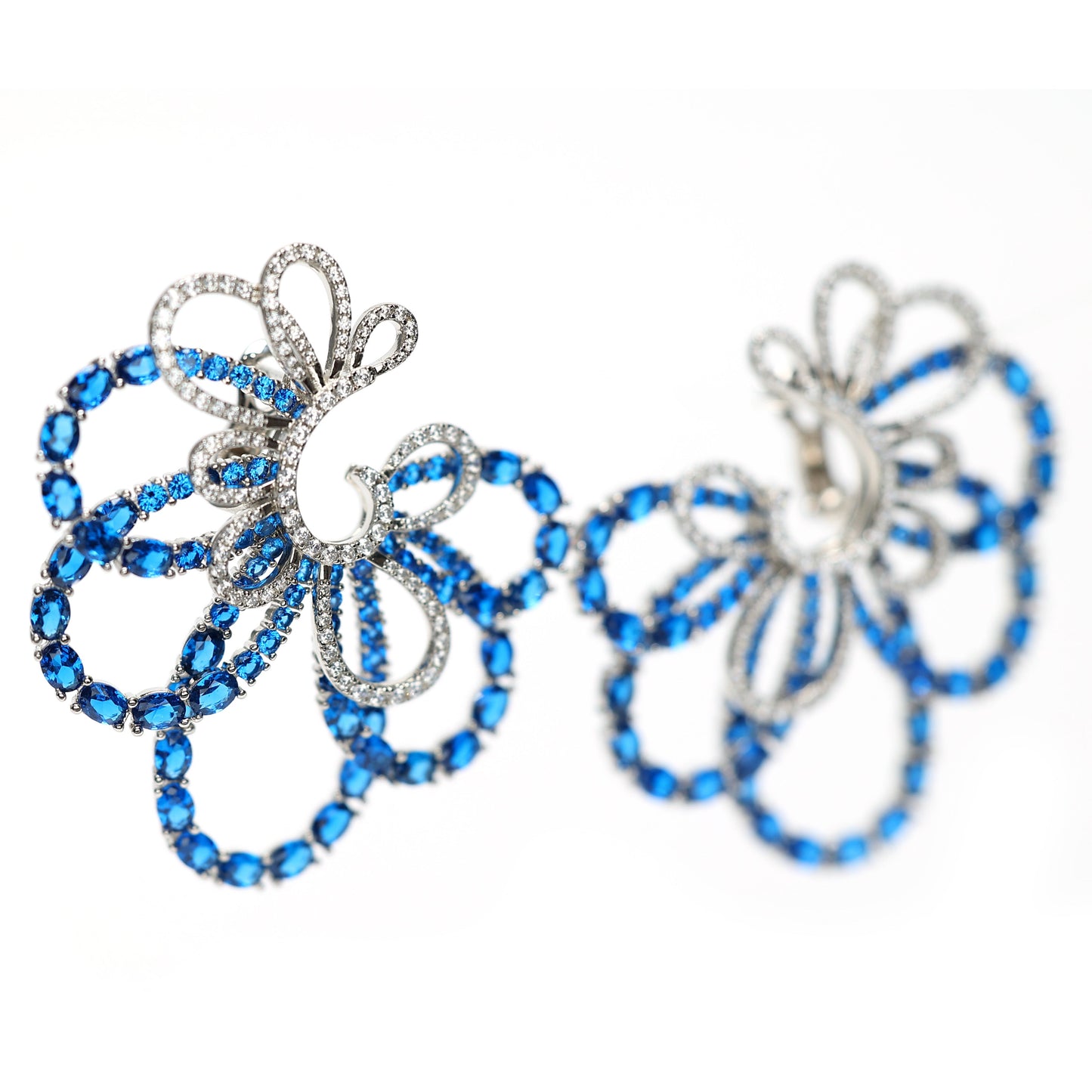 Micro-setting Sapphire color fully studded Lab created stones peacock earrings, sterling silver.