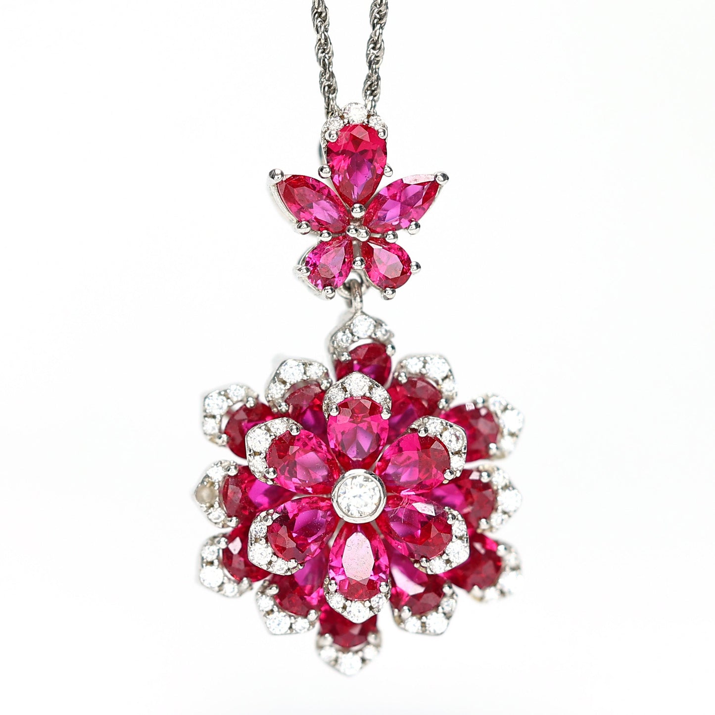 Micro-setting Ruby color Lab created stones preserved fresh flower necklace, sterling silver