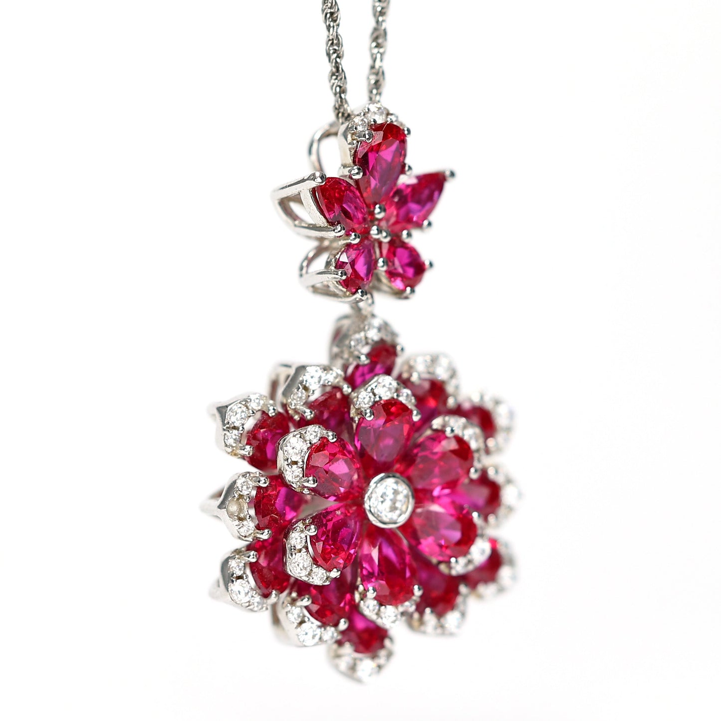 Micro-setting Ruby color Lab created stones preserved fresh flower necklace, sterling silver