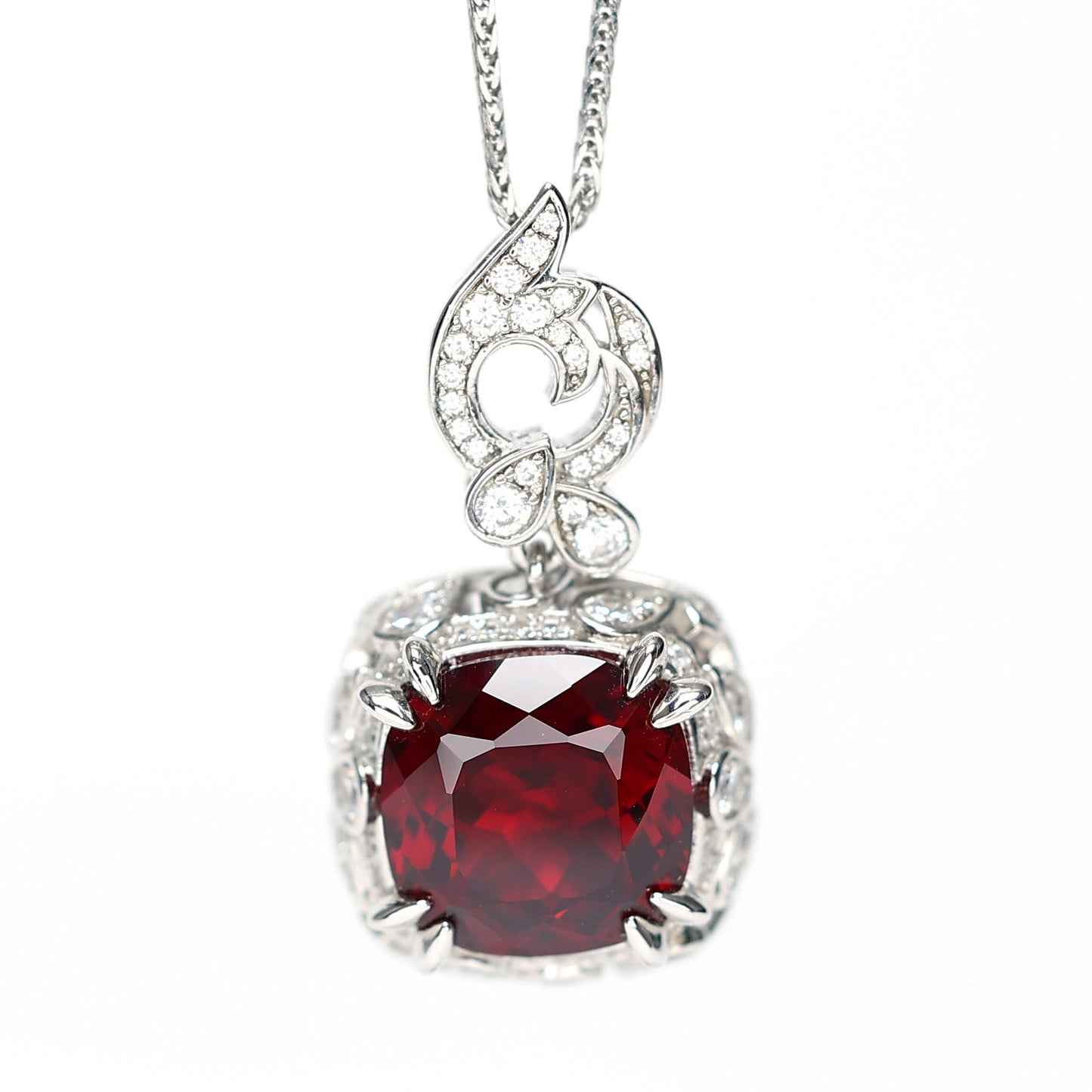 Micro-setting Ruby color Square-shape Birds paying homage to the phoenix necklace, sterling silverr