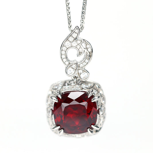 Micro-setting Ruby color Square-shape Birds paying homage to the phoenix necklace, sterling silverr