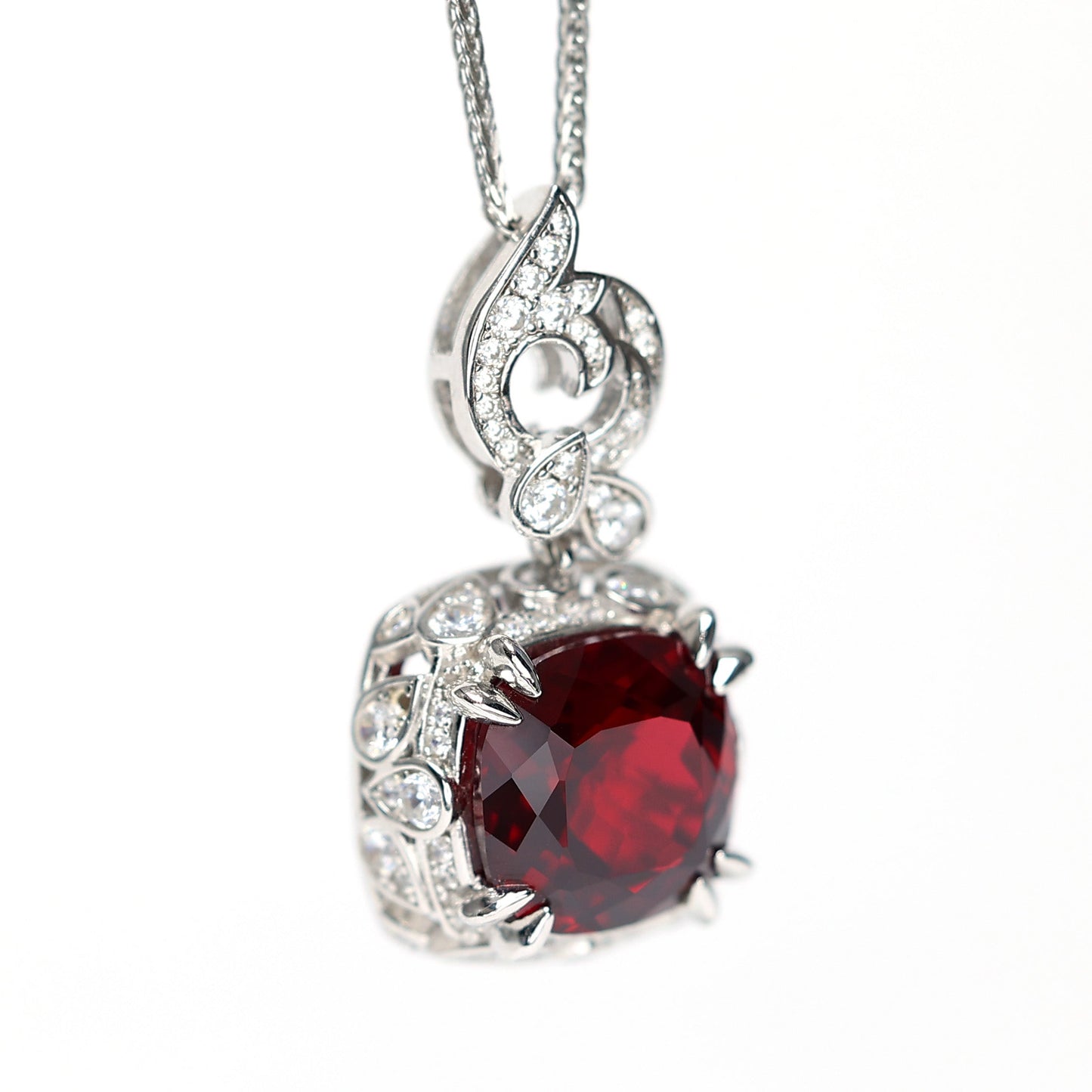 Micro-setting Ruby color Square-shape Birds paying homage to the phoenix necklace, sterling silverr