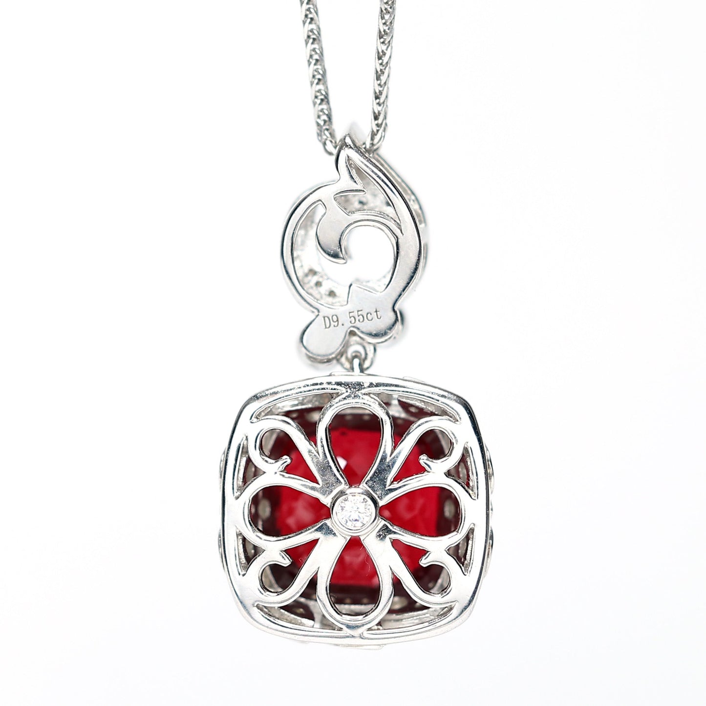 Micro-setting Ruby color Square-shape Birds paying homage to the phoenix necklace, sterling silverr