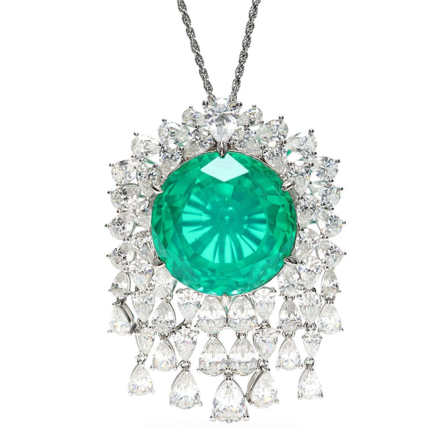 Micro-setting emerald color fancy necklace, sterling silver