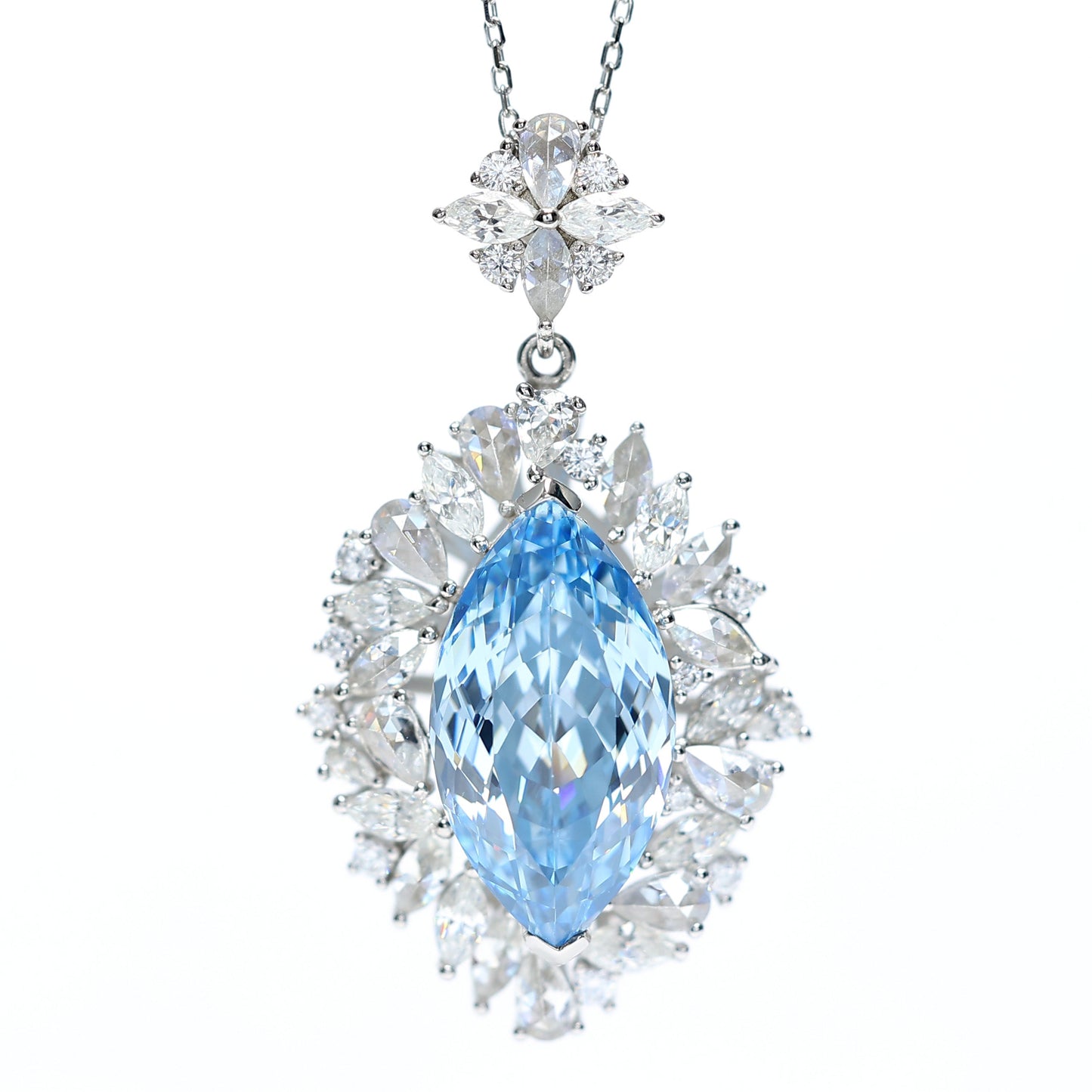 Micro-setting Aquamarine color Lab created stones Marquise shape necklace, sterling silver