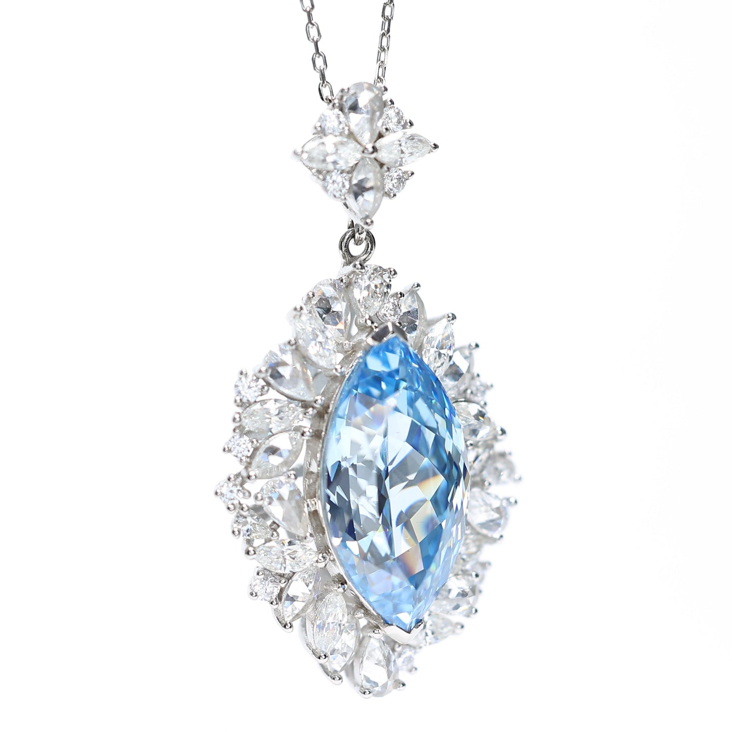 Micro-setting Aquamarine color Lab created stones Marquise shape necklace, sterling silver