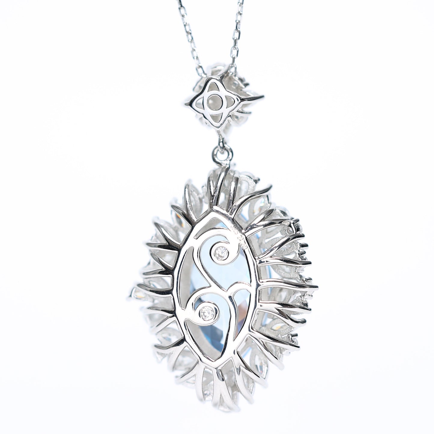 Micro-setting Aquamarine color Lab created stones Marquise shape necklace, sterling silver