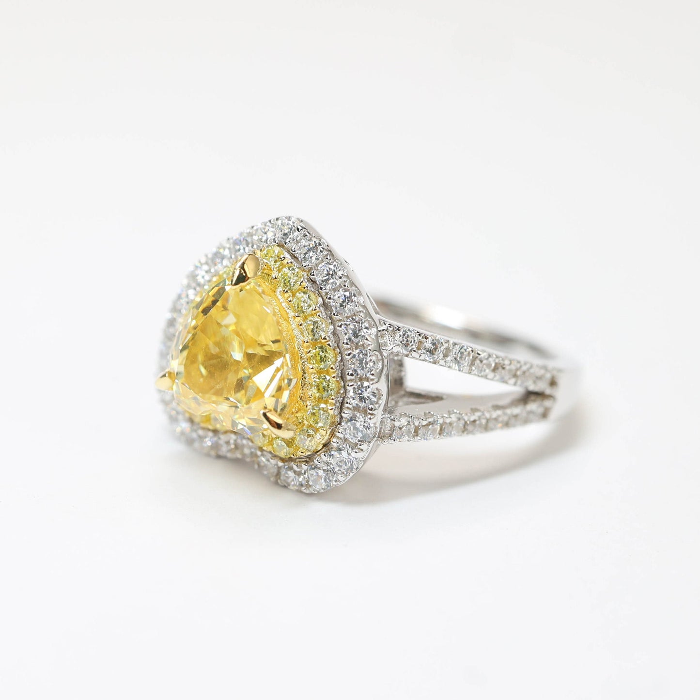 Micro-setting Yellow diamond color Lab created stones Heart shape ring, sterling silver