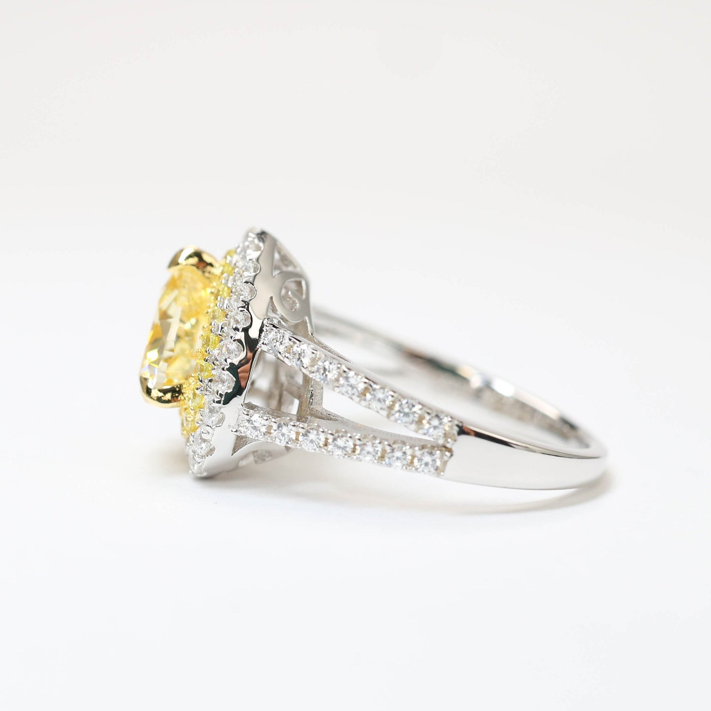 Micro-setting Yellow diamond color Lab created stones Heart shape ring, sterling silver