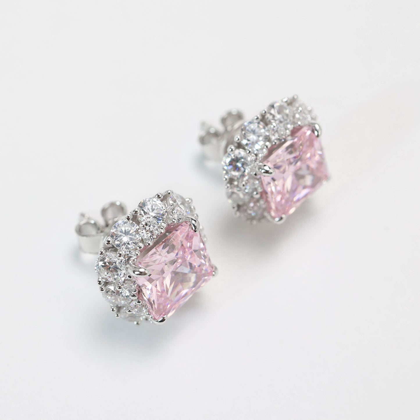 Micro-setting Light Pink color square shape earrings. sterling silver