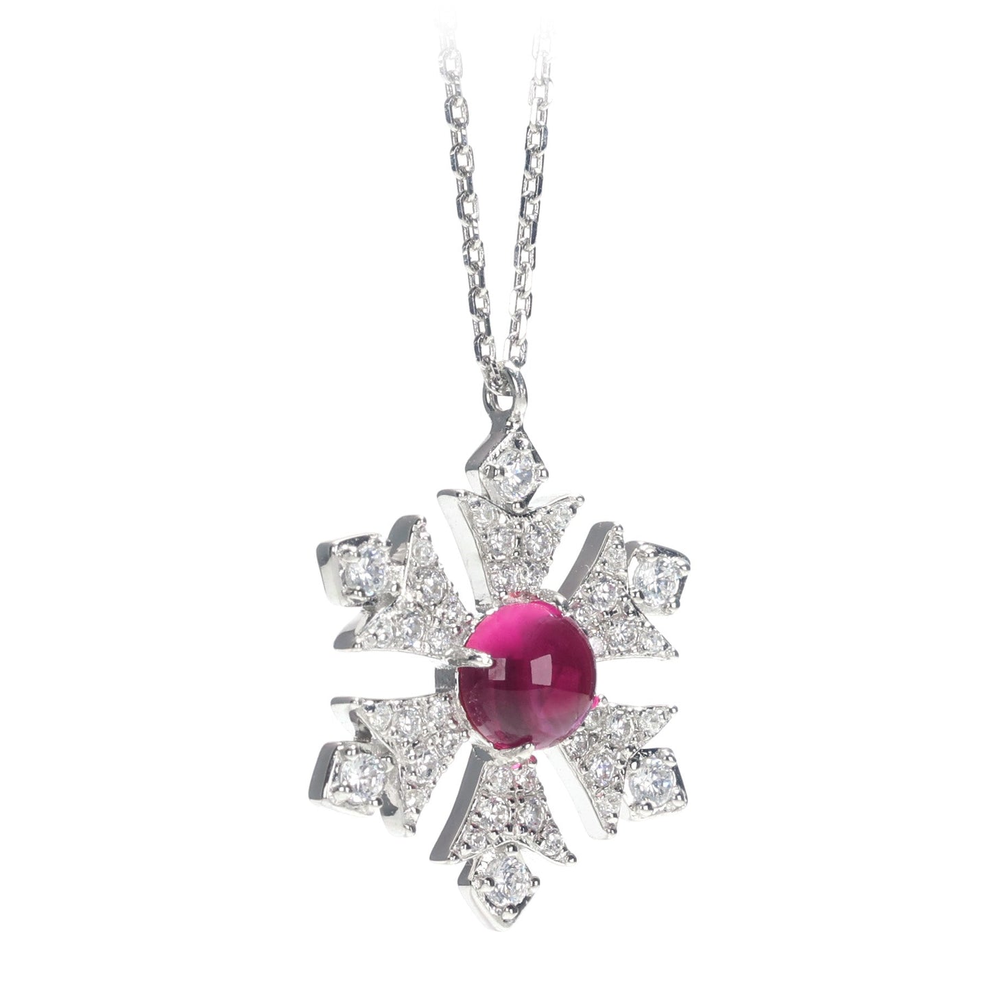 Promotional design Micro-setting Ruby color lab created stones Snowflake necklace, sterling silver