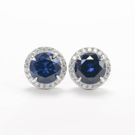 Micro-setting Sapphire color round shape ear studs, sterling silver. (2 carat)