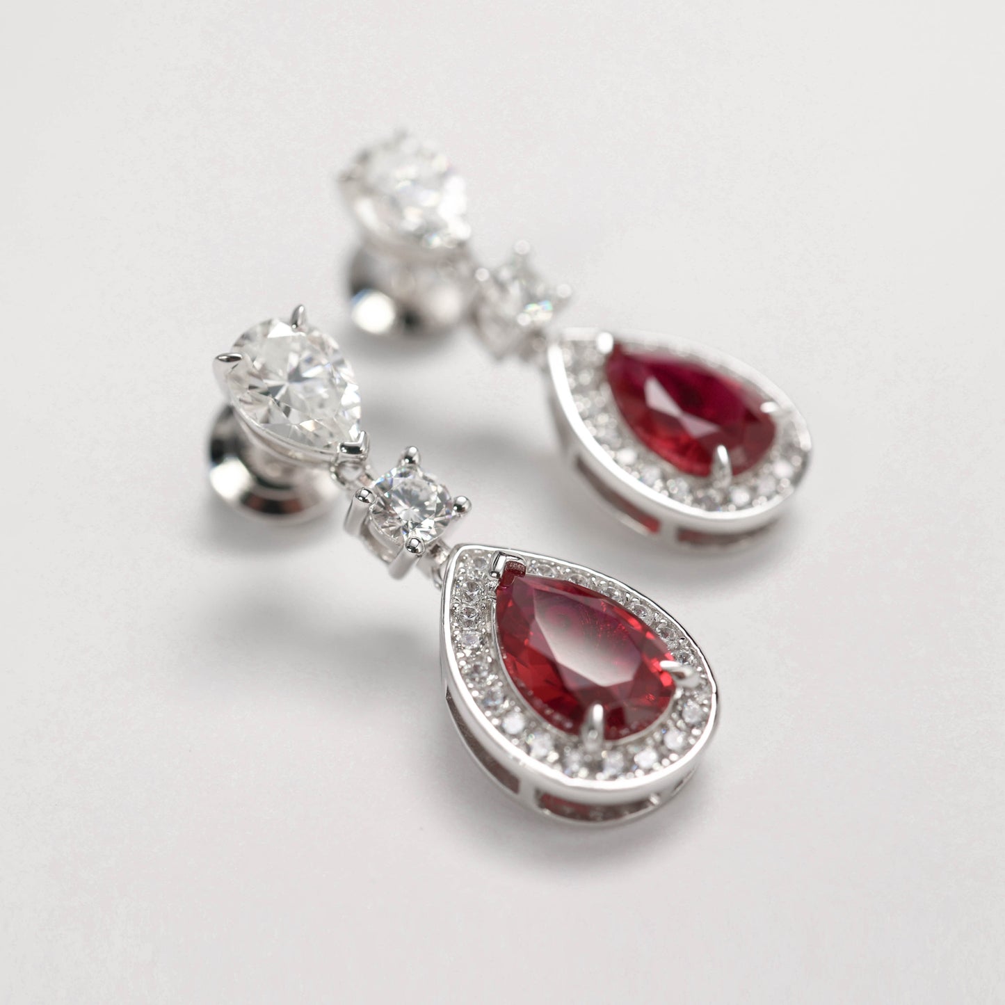 Micro-setting Ruby color waterdrop shape earrings, sterling silver