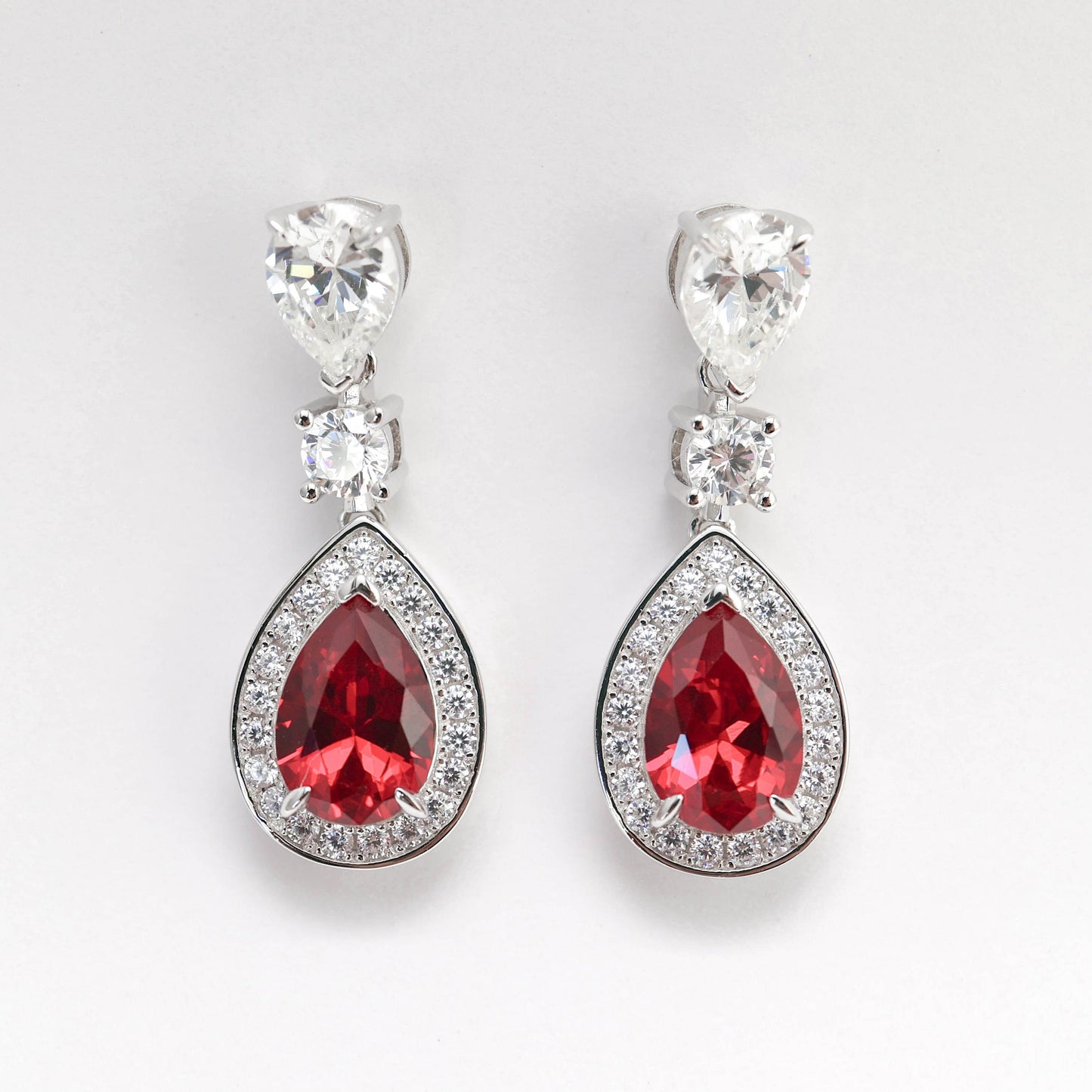 Micro-setting Ruby color waterdrop shape earrings, sterling silver