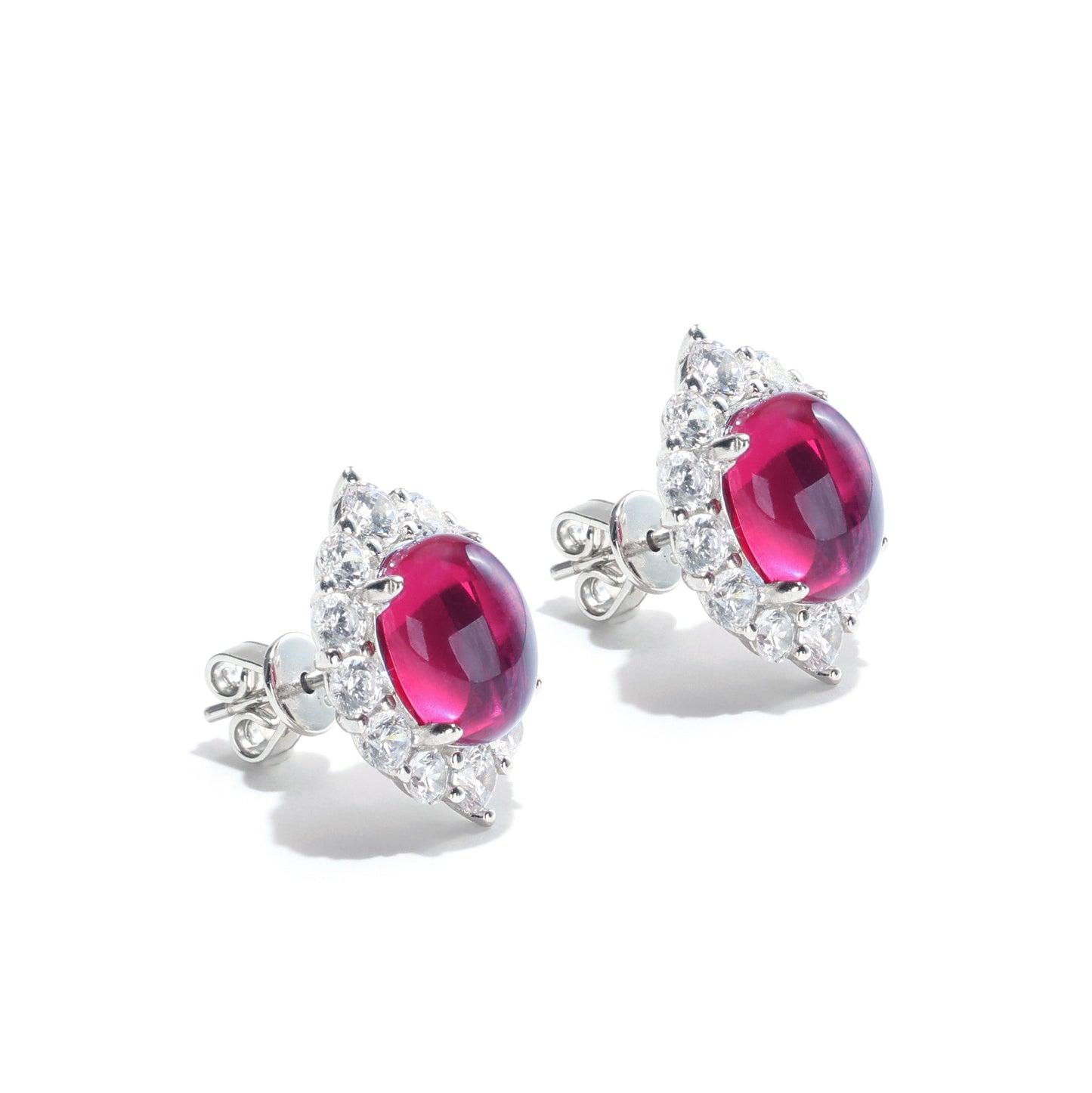 Promotional design Micro-setting Ruby color cabochon cut lab created stones pigeon egg lace ear studs, sterling silver