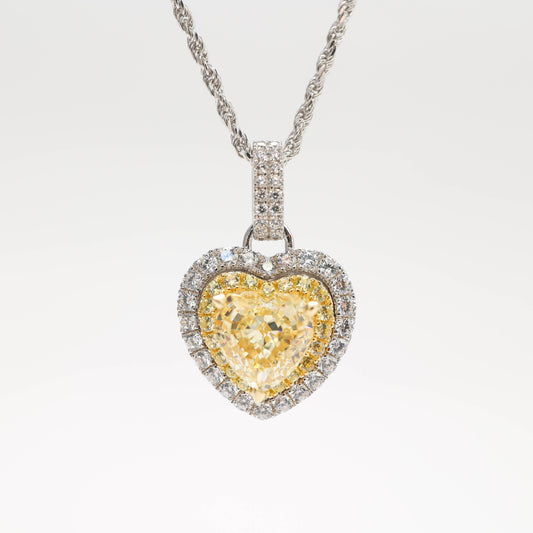 Micro-setting Yellow diamond color Lab created stones heart necklace. sterling silver