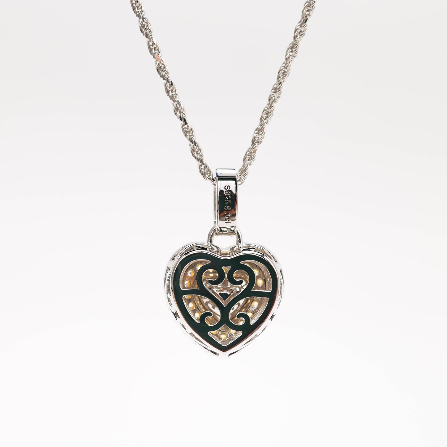 Micro-setting Yellow diamond color Lab created stones heart necklace. sterling silver