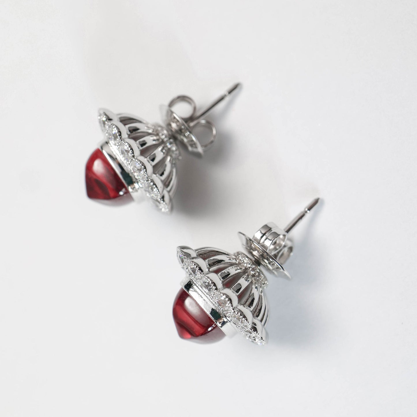 Micro-setting Ruby color Lab created stones sugar tower lace earrings, sterling silver