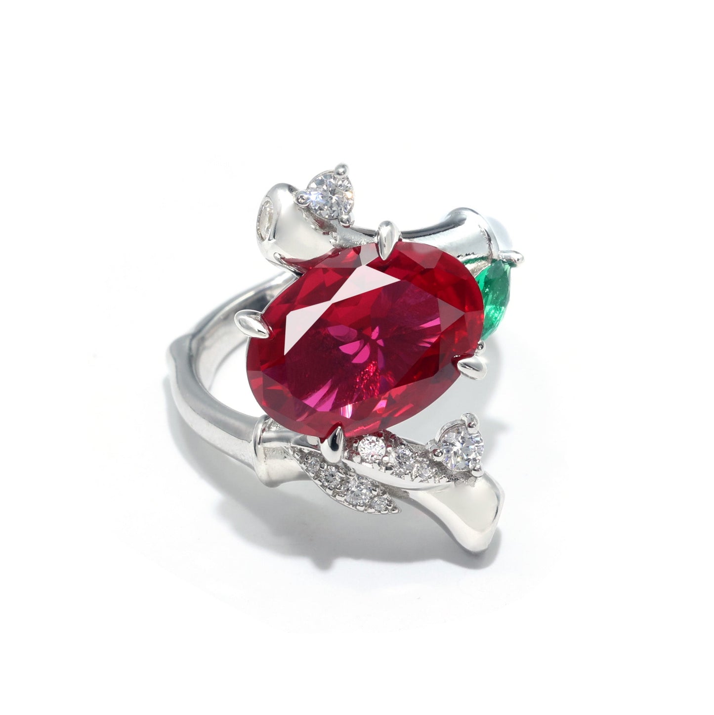 Promotion design Micro-setting Ruby color Lab created stones the Pigeon egg bamboo ring, sterling silver.