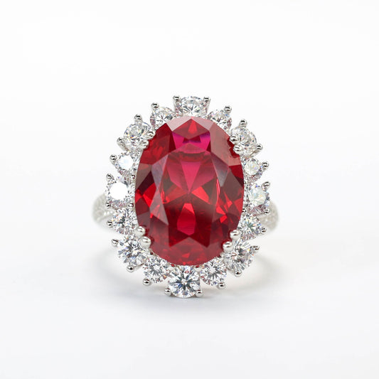 Promotional design Micro-setting Ruby color Lab created stones Diana ring, sterling silver. (6 carat)