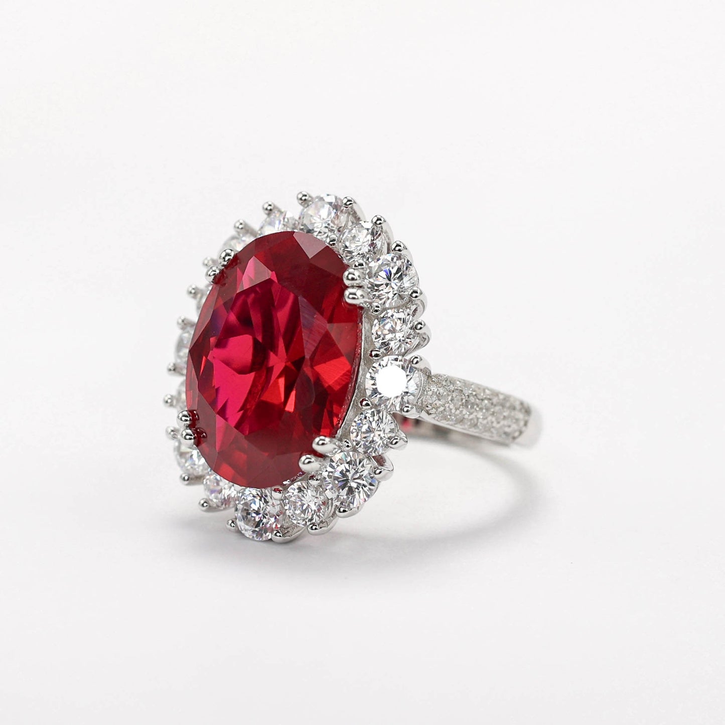 Promotional design Micro-setting Ruby color Lab created stones Diana ring, sterling silver. (6 carat)