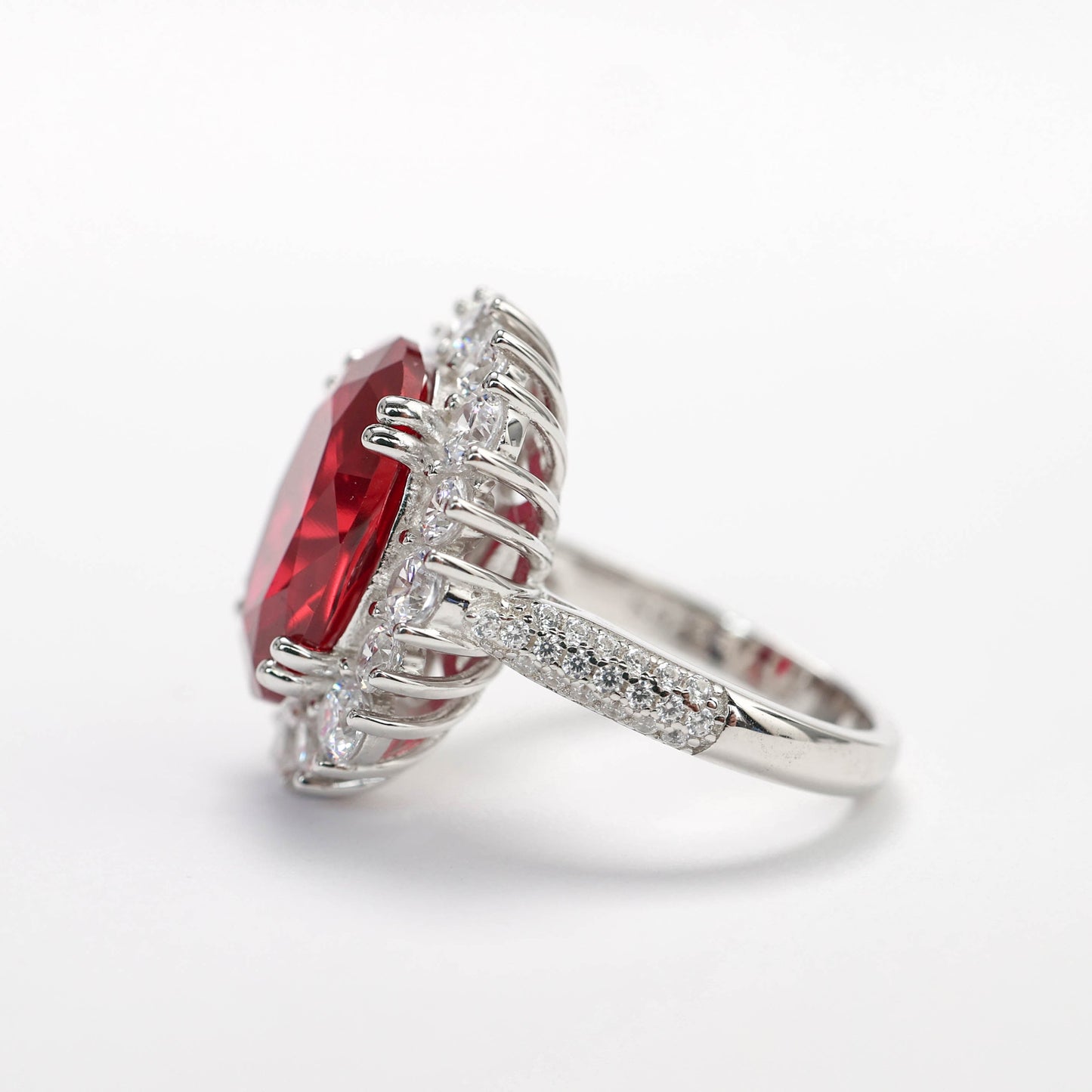 Promotional design Micro-setting Ruby color Lab created stones Diana ring, sterling silver. (6 carat)