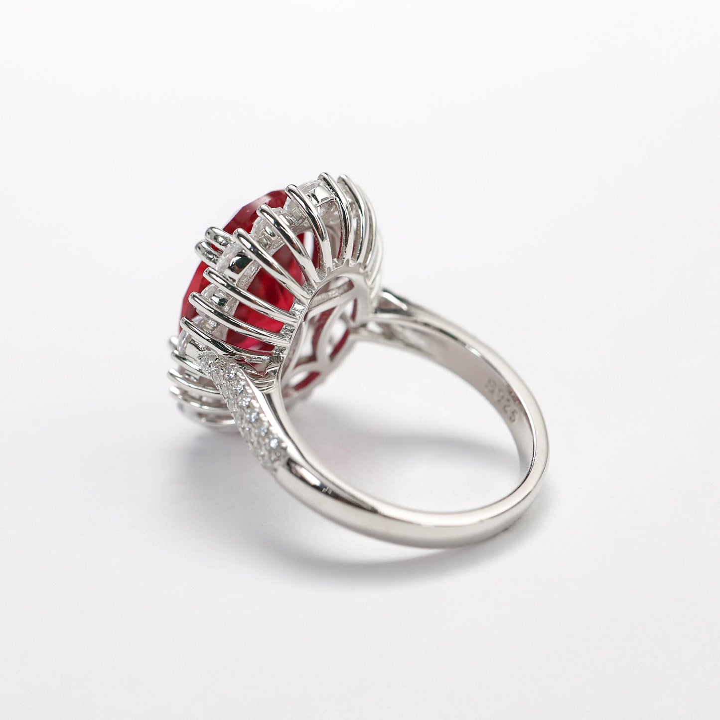 Promotional design Micro-setting Ruby color Lab created stones Diana ring, sterling silver. (6 carat)