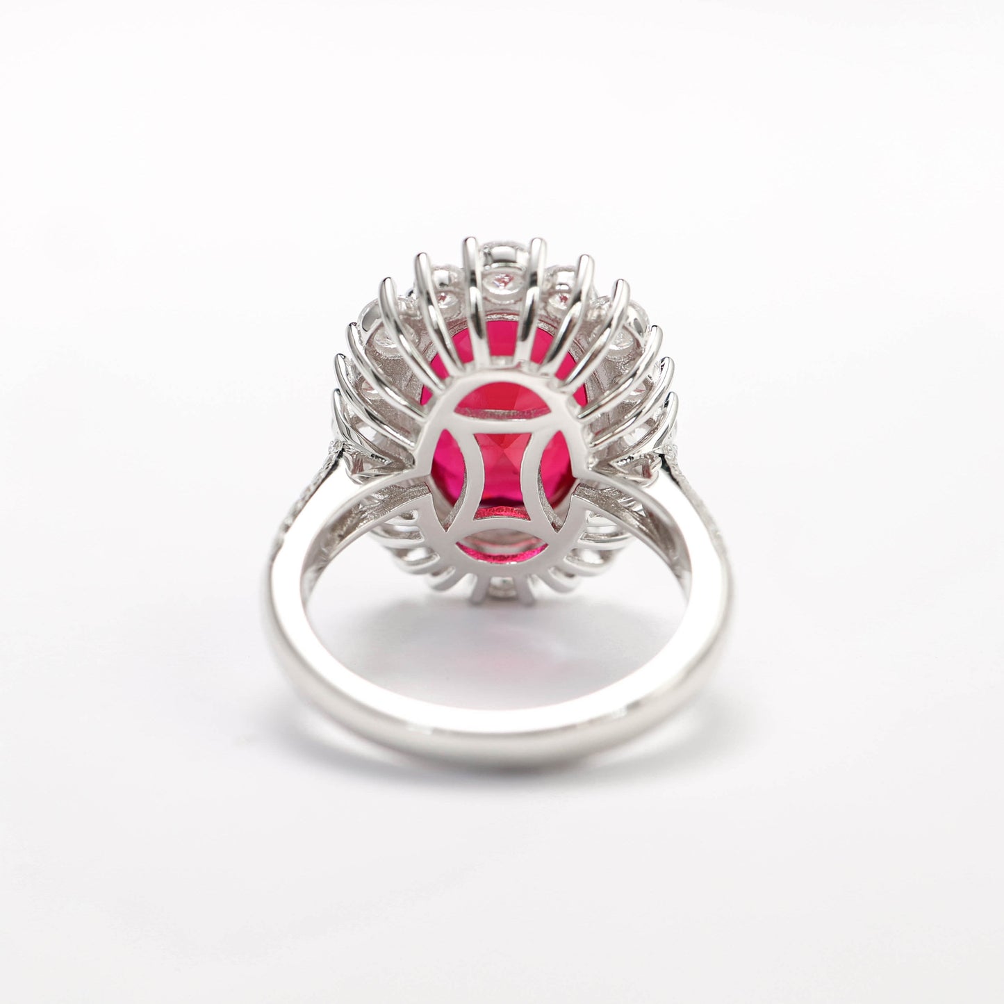 Promotional design Micro-setting Ruby color Lab created stones Diana ring, sterling silver. (6 carat)