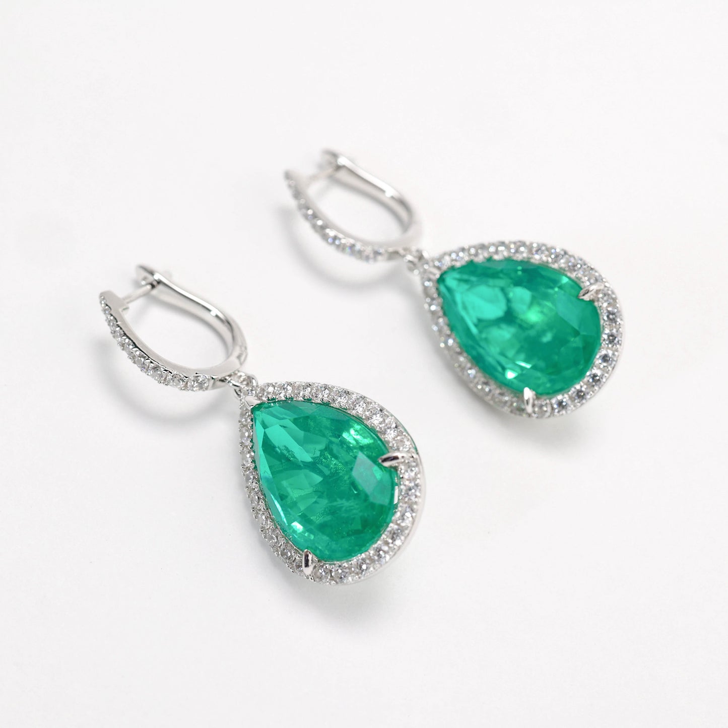 Micro-setting Emerald color Lab created stones Waterdrop shape earrings, sterling silver. (20 carat)