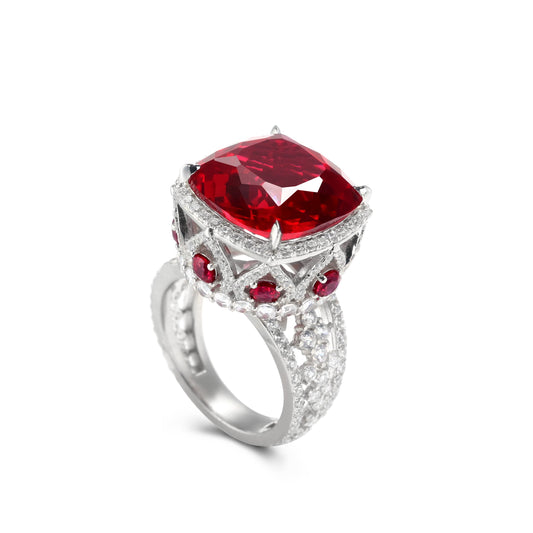 Micro-setting Ruby color Lab created stones the Palace ring, sterling silver