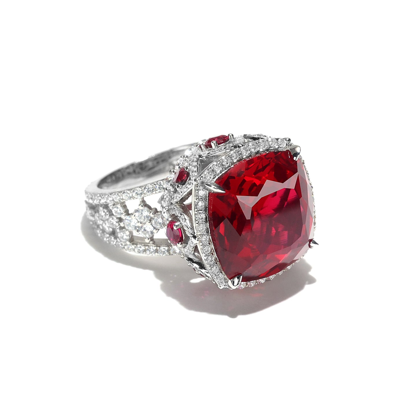 Micro-setting Ruby color Lab created stones the Palace ring, sterling silver