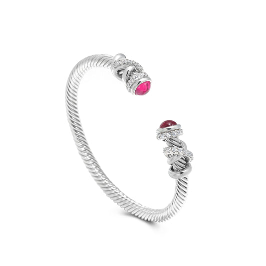 Micro-setting ruby color Lab created stones Modern bangle, sterling silver