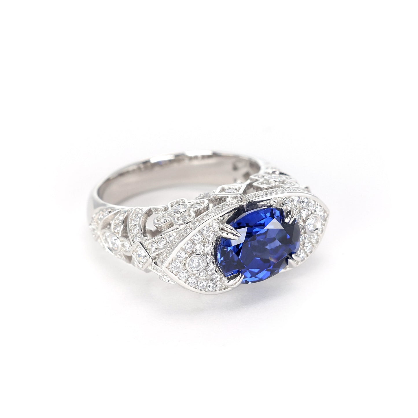 Micro-setting Sapphire color lab created stones detailed unique royal ring, sterling silver