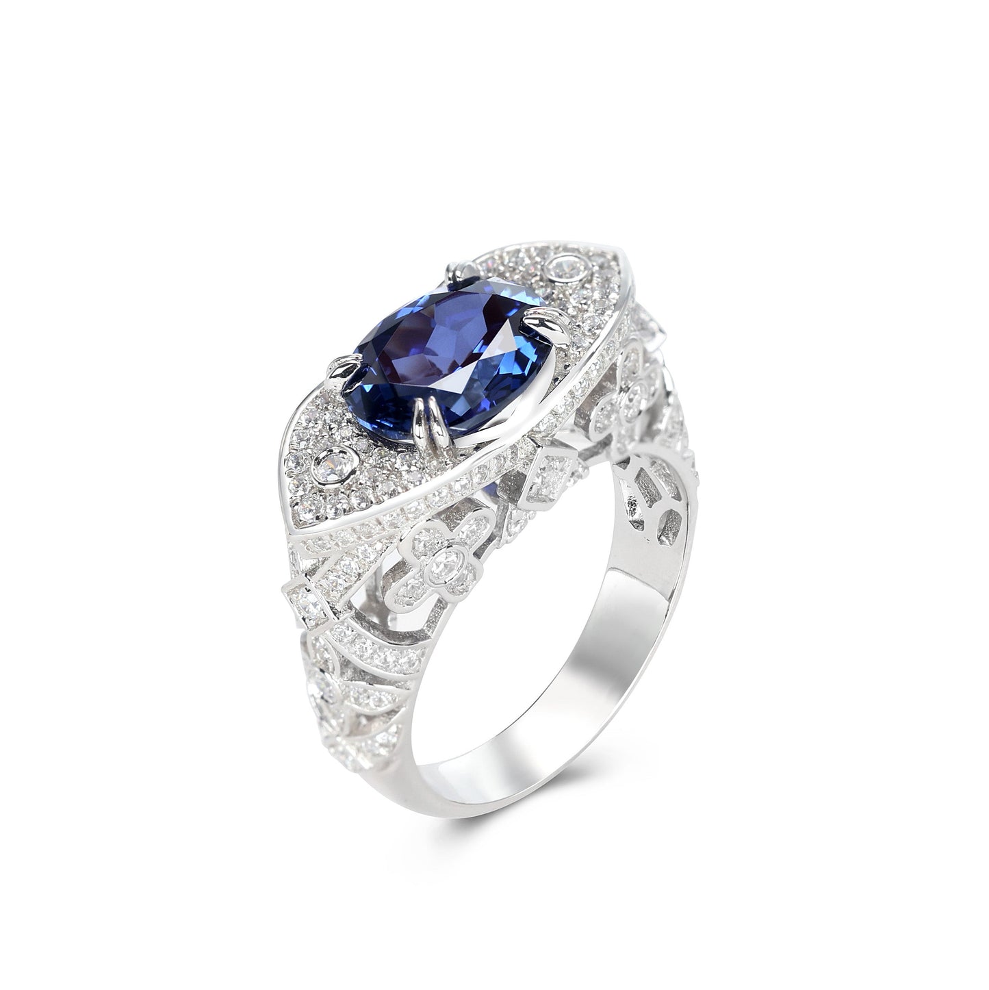 Micro-setting Sapphire color lab created stones detailed unique royal ring, sterling silver