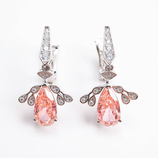 Micro-setting Morganite color Lab created stones Angel's Wings earrings. sterling silver.